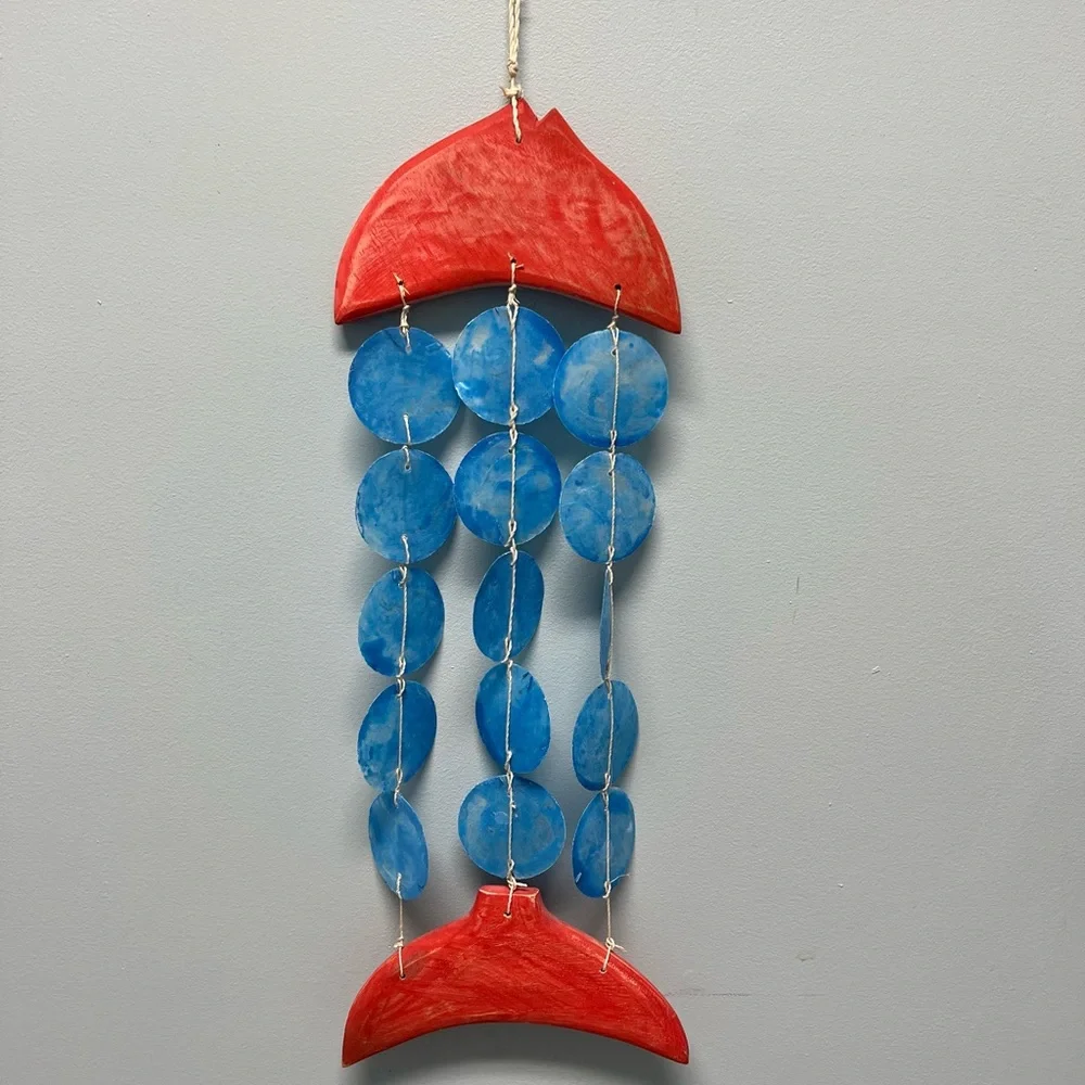 Coastal Fish Wall Hanging Decor- Nautical Capiz Mobile Red and Blue
